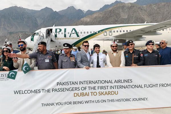 first international dubai flight landing in sakardu pakistan